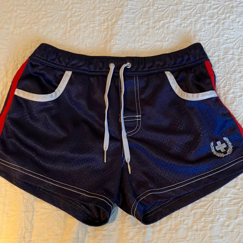Fabulous navy red and white swim shorts with pull on elastic waistband.